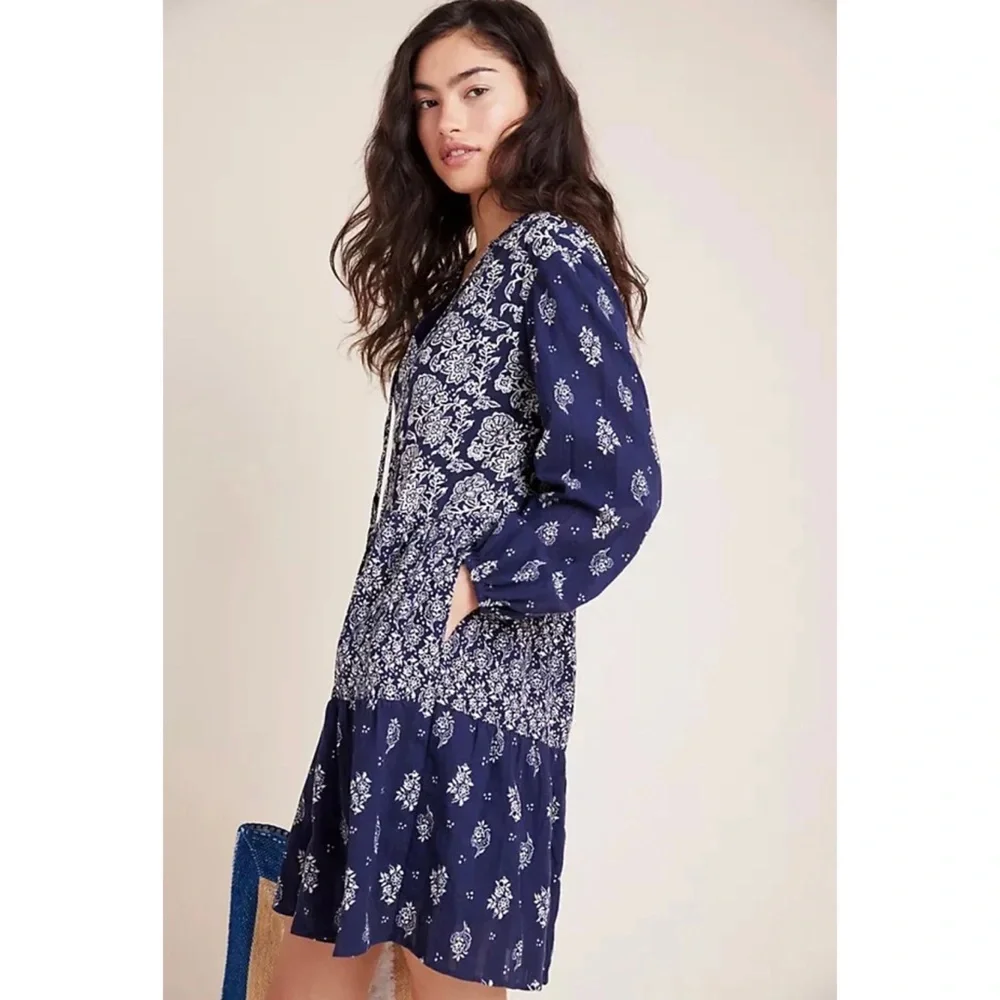 Maeve Carlita Tunic Dress Long Sleeves V Neck BOHO Floral Patchwork - Picture 2 of 12